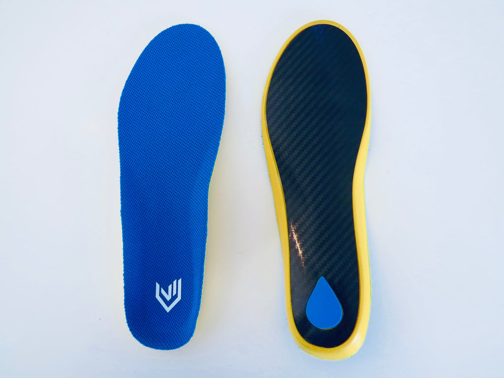 Speed V1 insole showing both sides - blue mesh top cover and carbon fibre underside with yellow border trim